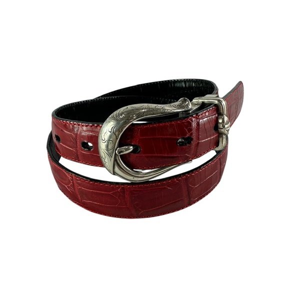 90s Genuine BRIGHTON 5019 Reversible Black & Red Croc Leather Women Belt Size 30 main image 7